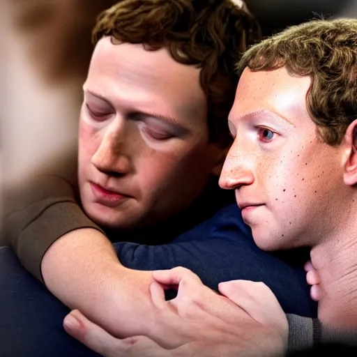 Prompt: uncanny valley Mark Zuckerberg comforting a grieving widow, photo, detailed, 4k