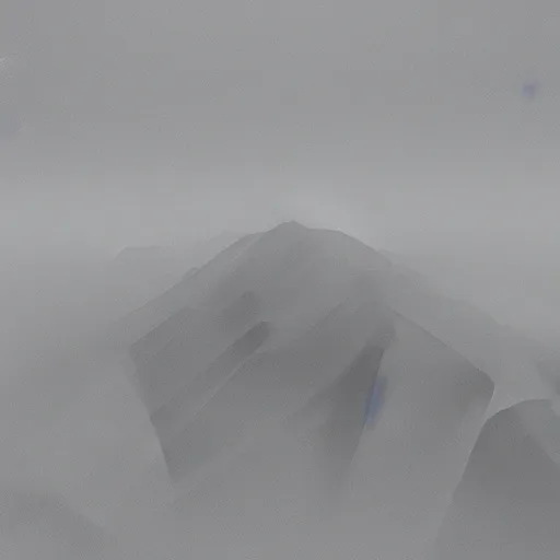 Image similar to “ aerial view of a mountain, fog on the ground, voxel, sharp lines ”