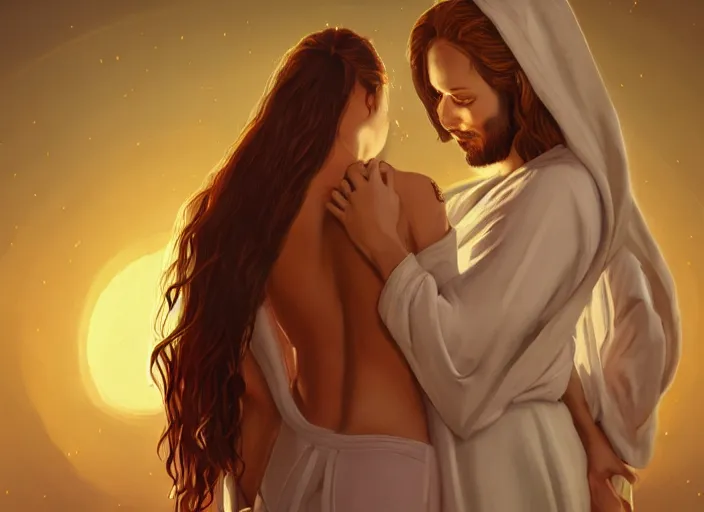 Prompt: jesus hugging a woman from behind, white robe, spirit hugs, gold trim, atmoshperic, elegant, sharp focus, red sun, huge lips, poses by satine zillah, environment by hw 6 5 2 3, art by ilya ozornin, artstation, intricate details, concept art