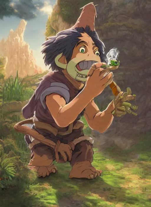 Prompt: studio ghibli pathfinder 2 e illustration of goblin mixed with a monkey smoking a cigar, character portrait, unreal engine, hyper realism, realistic shading, cinematic composition, realistic render, octane render, detailed textures, photorealistic, wide shot