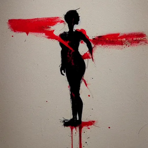 Prompt: full body of a woman in the shape of red paint with glowing particles, artwork by guy denning and charlie bowater,