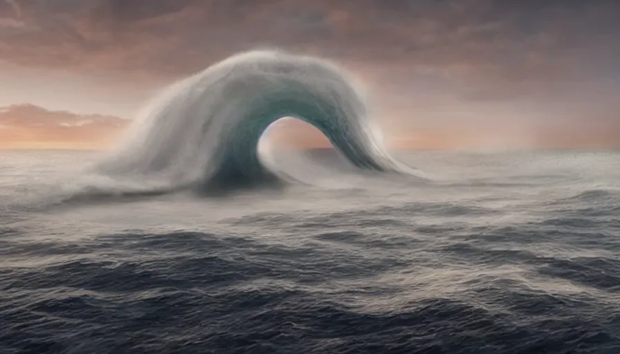 Image similar to a giant smooth sea wave, professional, realistic, cinematic, establishing shot