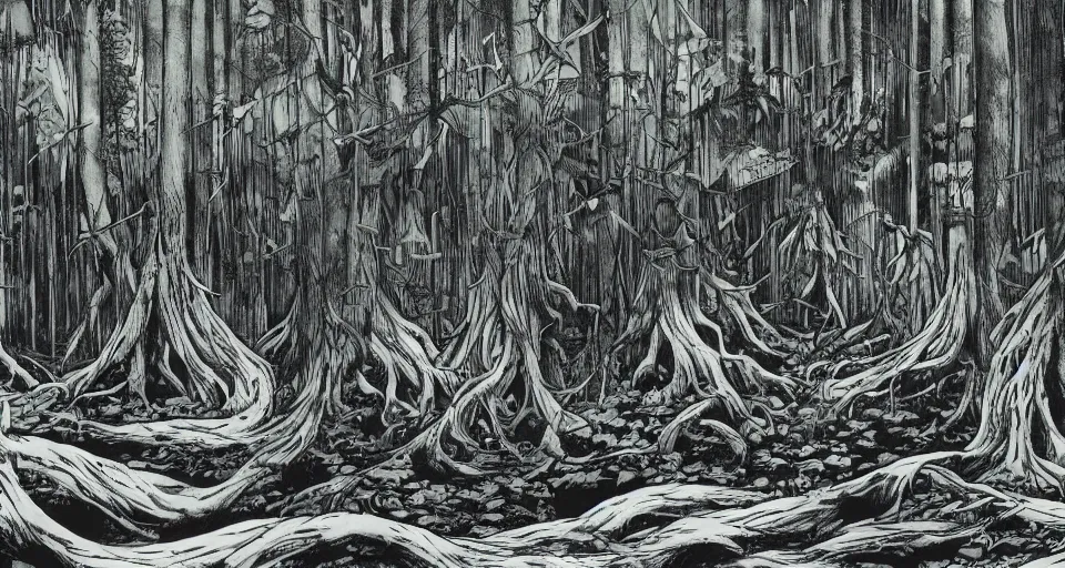 Image similar to A dense and dark enchanted forest with a swamp, by Hajime Isayama