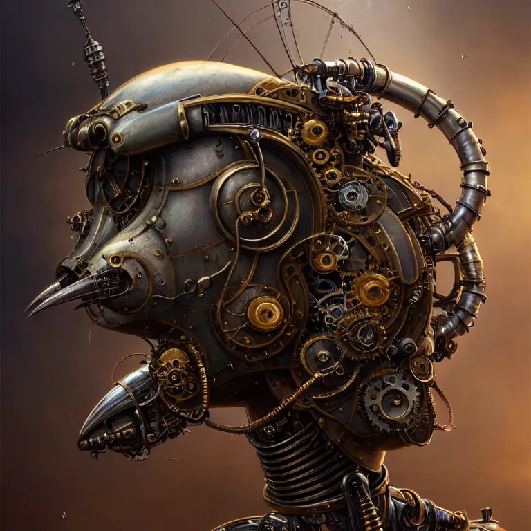 Prompt: portrait shot of a steampunk robot the mosquito, unreal engine realistic render, 8 k, micro detail, intricate, elegant, highly detailed, centered, digital painting, artstation, smooth, sharp focus, illustration, artgerm, tomasz alen kopera, peter mohrbacher, donato giancola, joseph christian leyendecker, wlop, boris vallejo