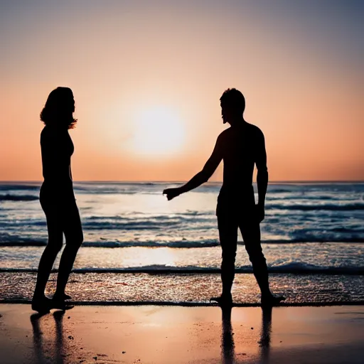 Image similar to Slim silhoutte of a couple on the beach, sunrise, ray tracing, birds in the sky, uplifting mood, happiness, majestic, 16k