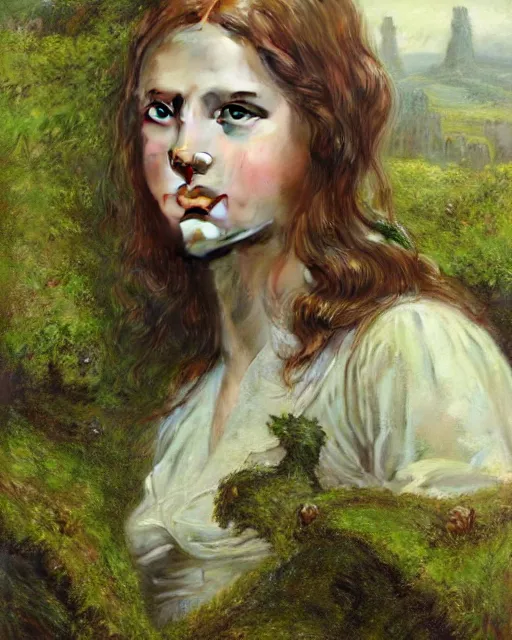 Image similar to a well - lit, realistic oil painting emotive portrait of a girl resembling a young, shy, redheaded irish alicia vikander or millie bobby brown in moss - covered ancient stone ruins at sunset, highly detailed, intricate, concept art, artstation, by donato giancola, ron cobb, and artgerm