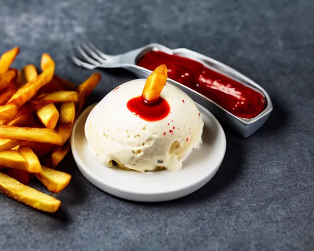 Image similar to dslr food photograph of vanilla ice cream with ketchup on, a leaf of basil on the ice cream, french fries on the side, a bottle of ketchup, bokeh, 8 5 mm f 1. 4