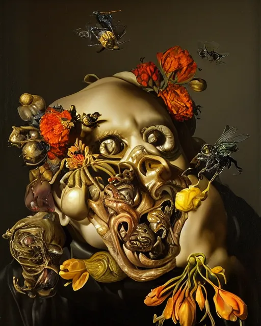 Image similar to refined gorgeous blended oil painting with black background by christian rex van minnen rachel ruysch dali todd schorr of a chiaroscuro portrait of an extremely bizarre disturbing mutated man made of still life flowers and rubber insects with shiny skin acne dutch golden age vanitas intense chiaroscuro cast shadows obscuring features dramatic lighting perfect symmetry perfect composition masterpiece