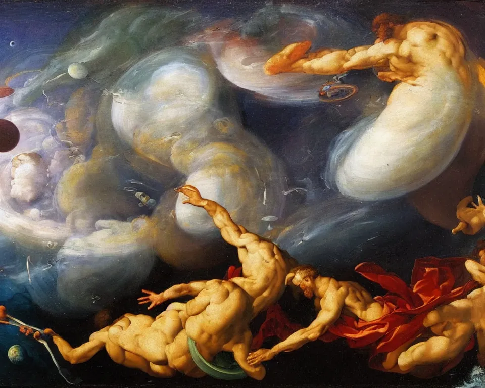 Image similar to an achingly beautiful oil painting of the planet Saturn colliding with the Poseidon by Raphael and Hopper.