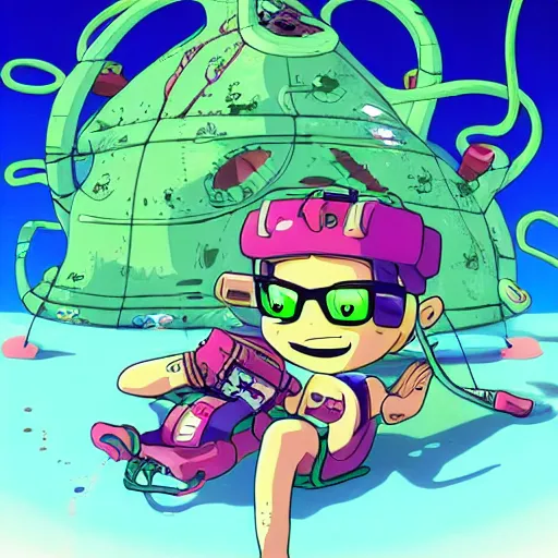 Prompt: cuate anime splatoon a humanoide with tentacles alien in the pine forest with his spaceship on fire