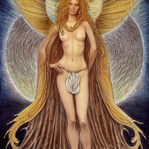 Image similar to most beautiful silk steel maiden, cygnus milieu of desert of purgatory, in the style of william blake, terese nielsen, detailed, intricate, beautiful faces, steve argyle, pastoral fantastic reality