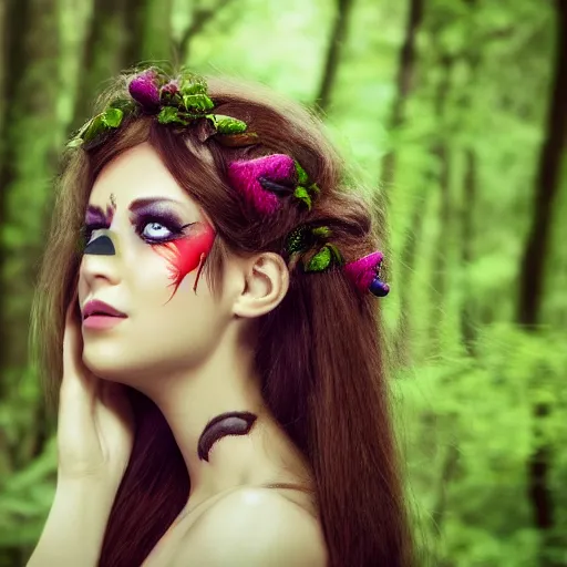 Prompt: young woman in a forest nymph costume striking a pose, intricate hairstyle, professional body paint, portrait photography, digital, photoshop, Helios 44-2, high definition, award winning, 4K UHD