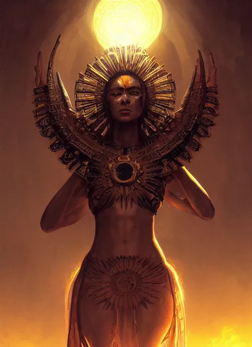 Image similar to aztec sun goddess, dark shadows, contrast, concept art, sharp focus, digital art, Hyper-realistic, 4K, Unreal Engine, Highly Detailed, Dramatic Lighting, Beautiful, by bastien lecouffe-deharme