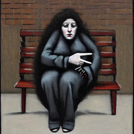 Image similar to decorative, random by ray donley. a performance art of a blind woman sitting on a bench in a park in new york city