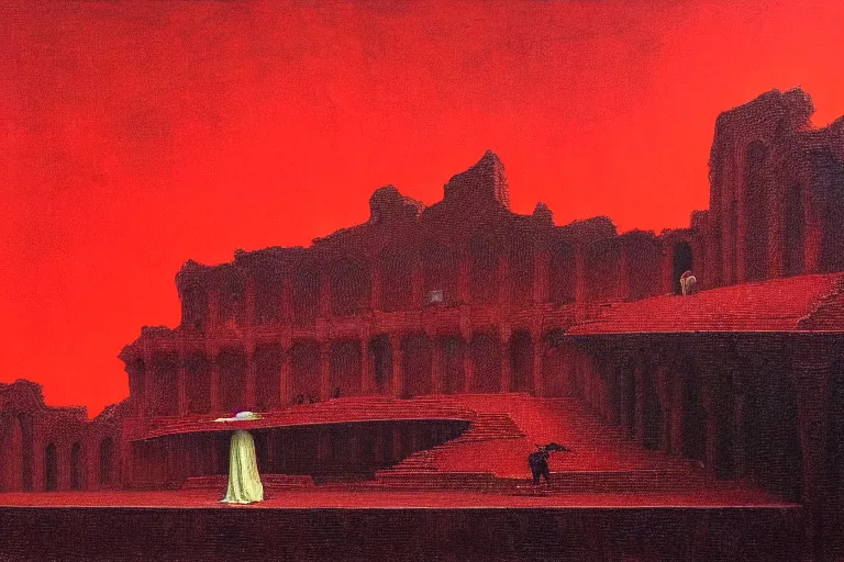 Image similar to only with red, a red melted emperor, taormina amphitheatre, crowd hails him, in the style of beksinski, parts by edward hopper, parts by rodcenko, parts by yue minjun, intricate and epic composition, red by caravaggio, insanely quality, highly detailed, masterpiece, red light, artstation, 4 k