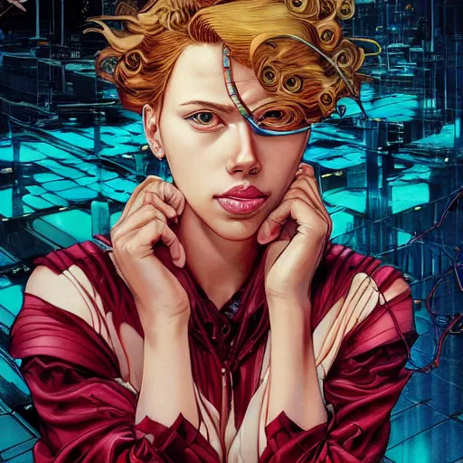 Image similar to portrait of beautiful crying cyborg scarlett johansson, big ribbon, symmetrical, by yoichi hatakenaka, masamune shirow, josan gonzales and dan mumford, ayami kojima, takato yamamoto, barclay shaw, karol bak, yukito kishiro, hajime soriyama