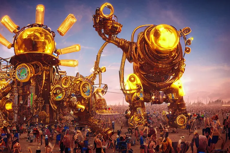 Image similar to scene is burning man festival, portrait photo of a stagediving giant huge golden and blue metal futuristic steampunk robot, with gears and tubes, eyes are glowing red lightbulbs, audience selfie, shiny crisp finish, 3 d render, 8 k, insaneley detailed, fluorescent colors, haluzinogetic, background is multicolored lasershow