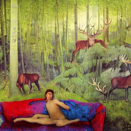 Image similar to psychedelic couch sofa in the lush pine forest, milky way, people with moose antlers, designed by arnold bocklin, jules bastien - lepage, tarsila do amaral, wayne barlowe and gustave baumann, cheval michael, trending on artstation, star, sharp focus, colorful refracted sparkles and lines, soft light, 8 k 4 k