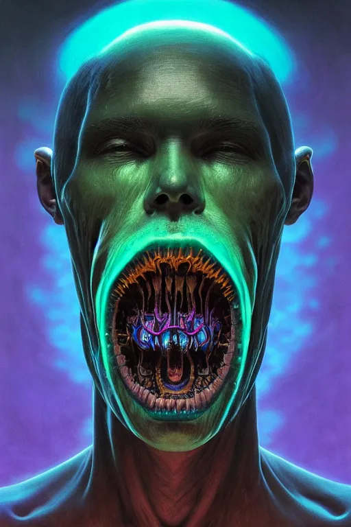 Image similar to portrait of a bioluminescent creature with wicked grin, dark retrowave, highly detailed, asymmetrical artwork, cinematic, hyperrealism, art by zdzisław beksinski and stanley lau and artgerm and magali villeneuve and alphonse mucha, artstation, octane render, unreal engine, 8 k, aperture f 1. 2