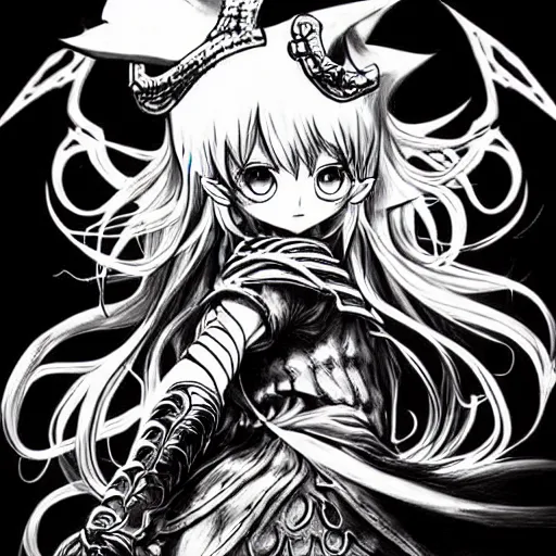 Prompt: Lulu (league of legends, 2009), artwork by kentaro miura, Kentaro Miura style, Berserk Style, High details, cinematic composition, manga, black and white ink style, a lot of details with ink shadows