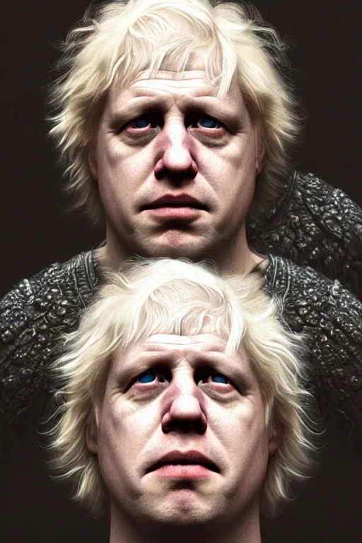 Image similar to perfectly - centered horror portrait - photograph of boris johnson as daenarys targaryen real life portrait by beksinski and jean delville, unreal engine 5, photorealism, hd quality, 8 k resolution, cinema 4 d, hdr dramatic cinematic lighting