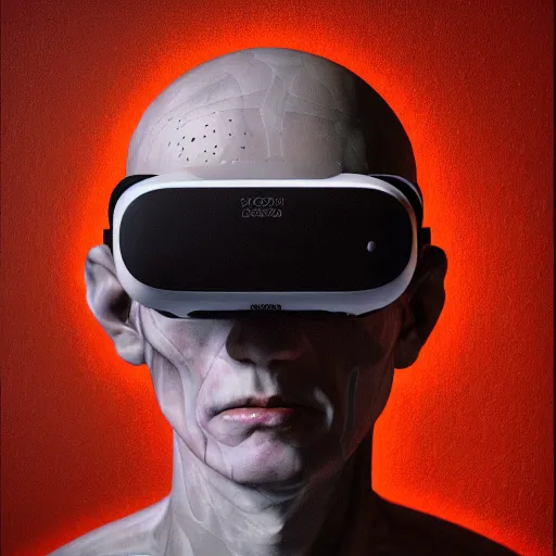 Image similar to Colour Caravaggio Bosch style Photography of Man with transparent glowing skin with highly detailed 1000 years old face with transparent glowing skin wearing highly detailed sci-fi VR headset designed by Josan Gonzalez. Many details . In style of Josan Gonzalez and Mike Winkelmann and andgreg rutkowski and alphonse muchaand and Caspar David Friedrich and Stephen Hickman and James Gurney and Hiromasa Ogura. Rendered in Blender and Octane Render volumetric natural light