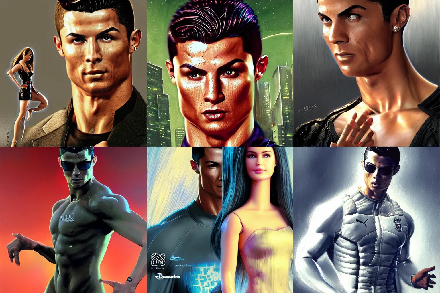 Prompt: Cristiano Ronaldo and the Barbie doll the Matrix movie character, highly detailed, digital fantasy character, painted portrait, artstation, concept art, hard focus, illustrations, works by Artgerm and Greg Rutkowski, Alphonse Mucha and Craig Mullins, James Jean, Andrey Ryabovichev, Mark Simonetti and Peter Morbacher, 16k,