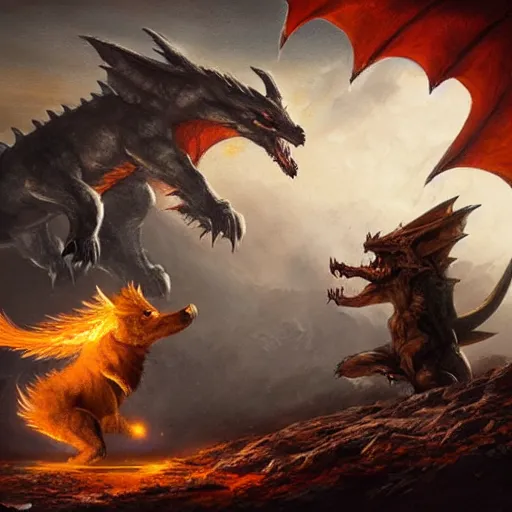 Prompt: corgi fighting a dragon, epic fantasy style, in the style of Greg Rutkowski, mythology artwork