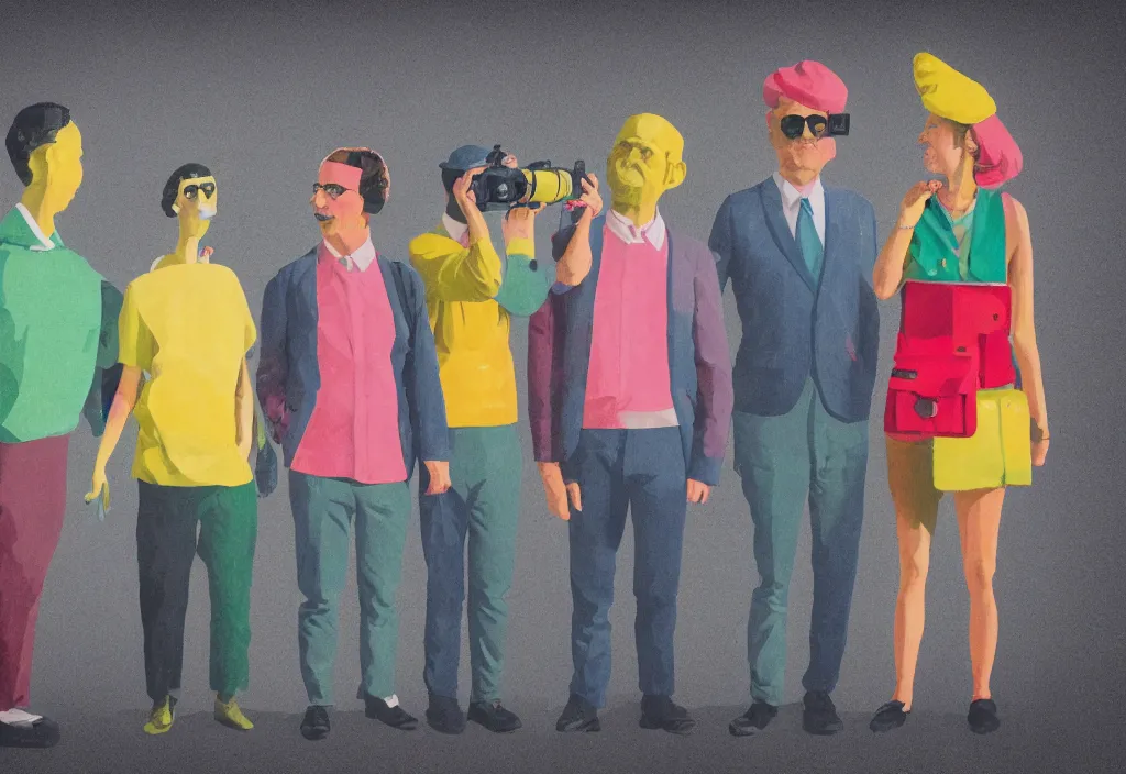 Image similar to full body portrait of a trio of european tourists with nikon cameras, character designs painting, in the style of wes anderson, rene magritte, lola dupre, david hockney, isolated on white background, dark monochrome neon spraypaint accents volumetric octane render