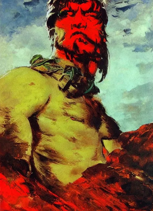 Image similar to portrait of barbarian on mountain, coherent! by mariusz lewandowski, by frank frazetta, deep color, strong line, red green black teal, minimalism, high contrast