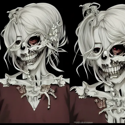 Image similar to anime manga skull portrait young woman skeleton, cuphead, unreal engine, intricate, elegant, highly detailed, digital art, art by JC Leyendecker and sachin teng