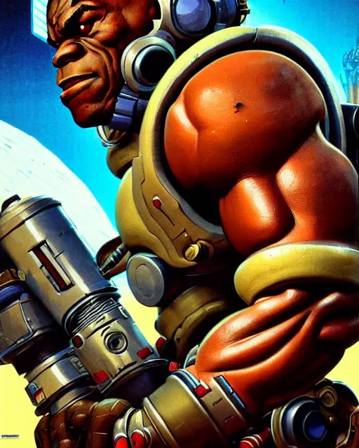 Image similar to doomfist from overwatch, character portrait, portrait, close up, concept art, intricate details, highly detailed, vintage sci - fi poster, retro future, vintage sci - fi art, in the style of chris foss, rodger dean, moebius, michael whelan, and gustave dore