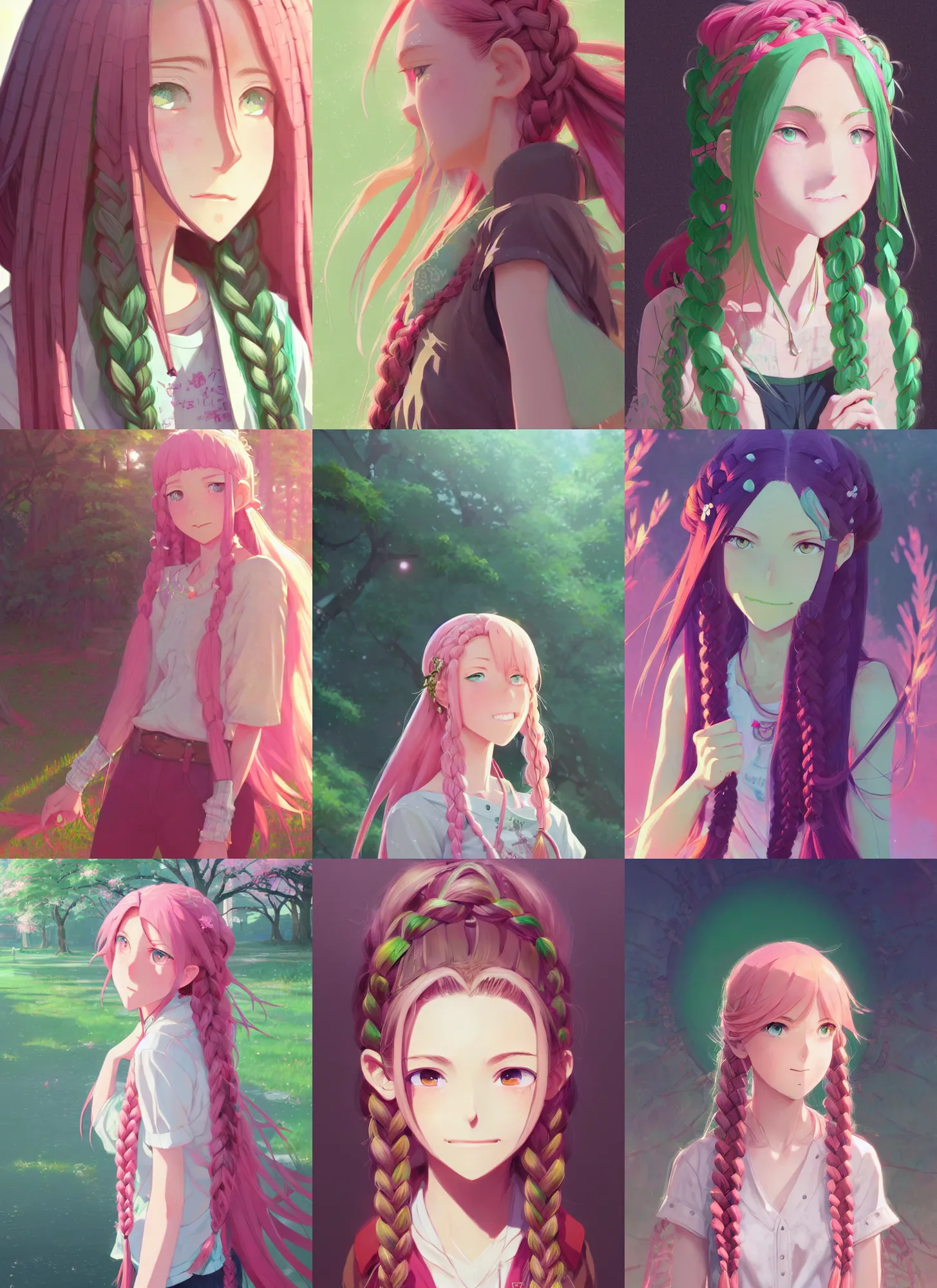 Prompt: a cheerful young woman with green eyes and long pink hair in braids, intricate, tone mapped, highly detailed, digital painting, pixiv, concept art, smooth, sharp focus, illustration, by makoto shinkai and akihiko yoshida