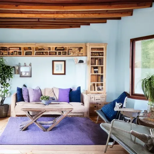 Prompt: interior of a cottage style living room, beige painted wooden walls, marine blue print, bright, bookshelf's, lavender plants, coffee table with a model ship, swedish design, marine themed