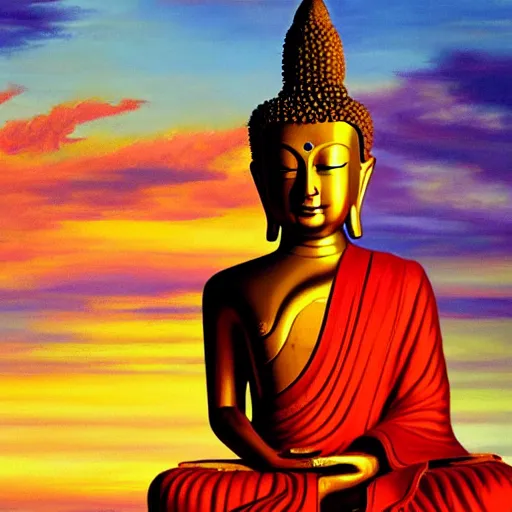 Prompt: a beautifully detailed wide angle oil painting of a sitting thai buddha statue in front of a thai temple with a gorgeous sunrise, trending on artstation