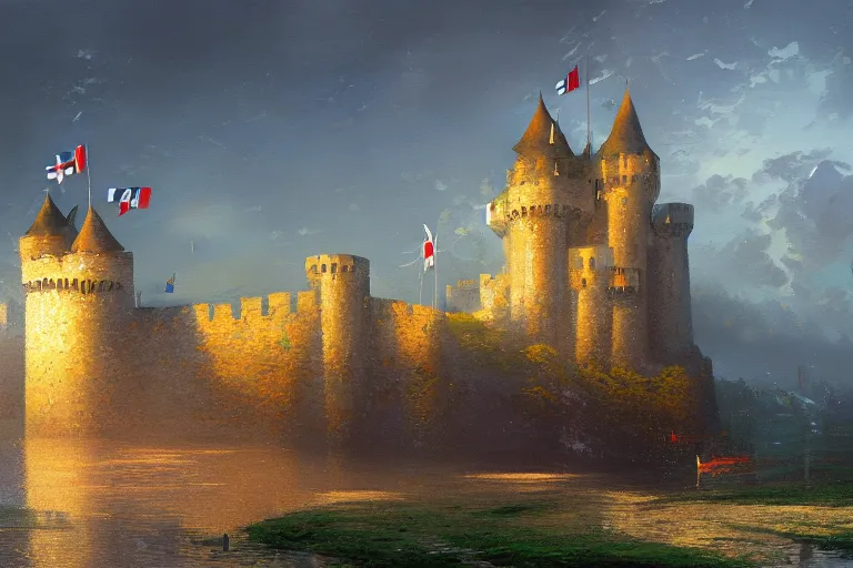 Prompt: a painting of a Castle with towers and walls flags with a moat, middle of the frame, walls, Cone roofs, windows architectural, Fantasy Art, French, Medieval, Germanic, Alex Andreev, Thomas Kinkade