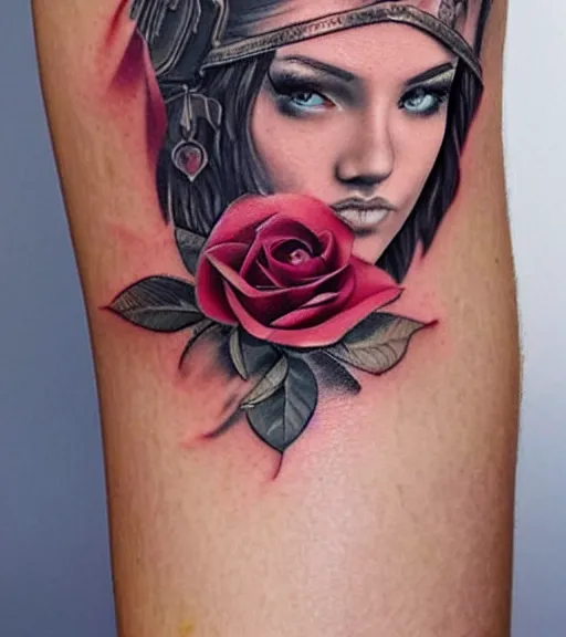 Image similar to tattoo design on white background of a beautiful girl warrior, roses, hyper realistic, realism tattoo, by eliot kohek, beautiful eyes, realistic face