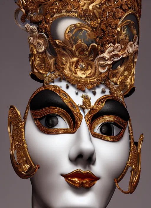 Image similar to closeup of a beautiful woman in an ornate Venice Carnival Mask, perfect face and perfect proportions, 8K, octane render, 8K,