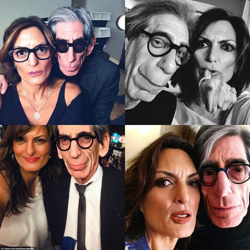 Prompt: selfie of mariska hargitay and richard belzer puckering their lips, cute photo, snapchat, fisheye lens