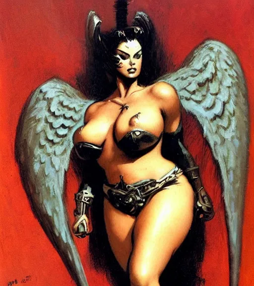 Prompt: portrait of plus size female chaos angel, beautiful! coherent! by frank frazetta, by brom, strong line, deep color, spiked metal armor, maximalist