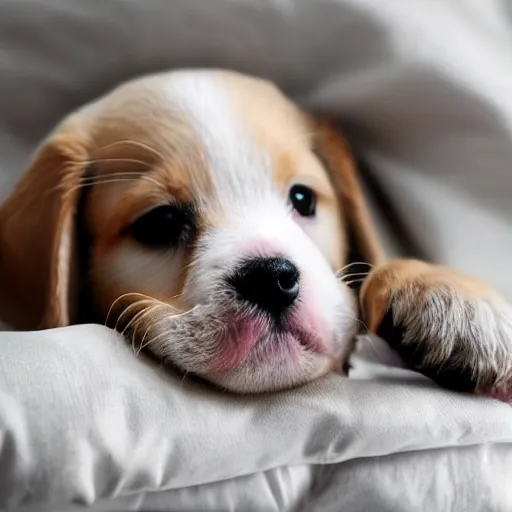 Prompt: a very cute puppy in bed with its paw over its eyes