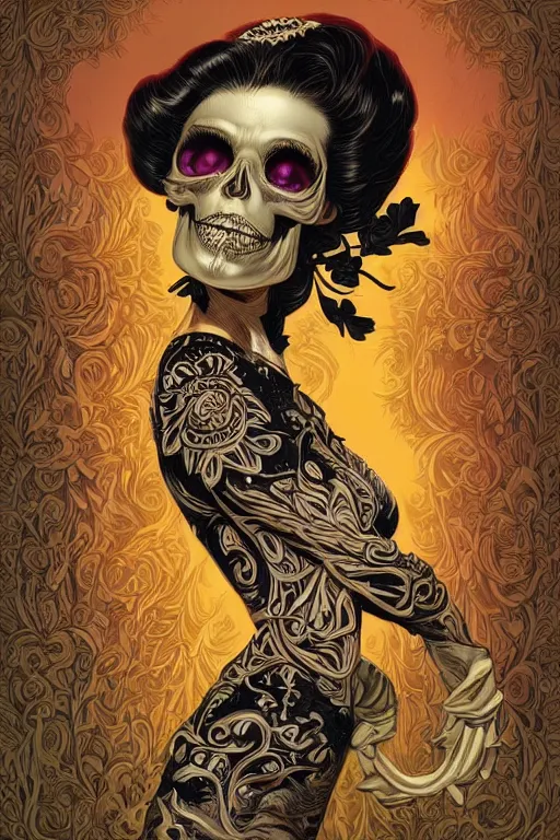 Image similar to a beautiful fancy skull lady by dan mumford and gil elvgren