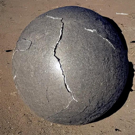 Image similar to A giant shiny black sphere, crashed in the ground, cracks, gas fire, viewed from the side, hd photograph