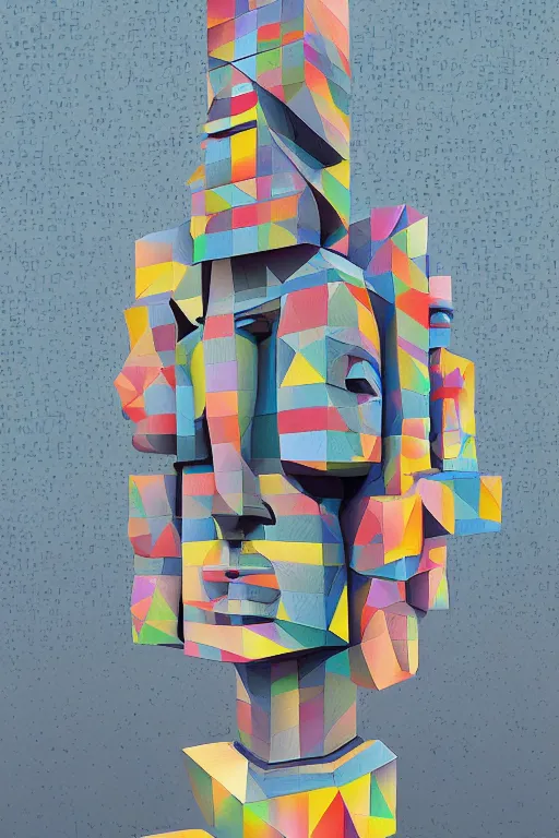 Image similar to cubist moai statue cutout digital illustration cartoon colorful beeple