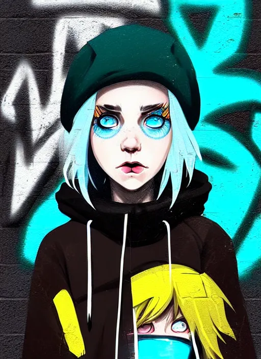Prompt: highly detailed portrait of a sewer punk lady student, blue eyes, tartan hoody, hat, white hair by atey ghailan, gradient yellow, black, brown and cyan color scheme, grunge aesthetic!!! ( ( graffiti tag wall ) )