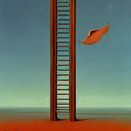 Prompt: a metal ladder descending from the sky, a bird starts to climb up it, by Zdzisław Beksiński