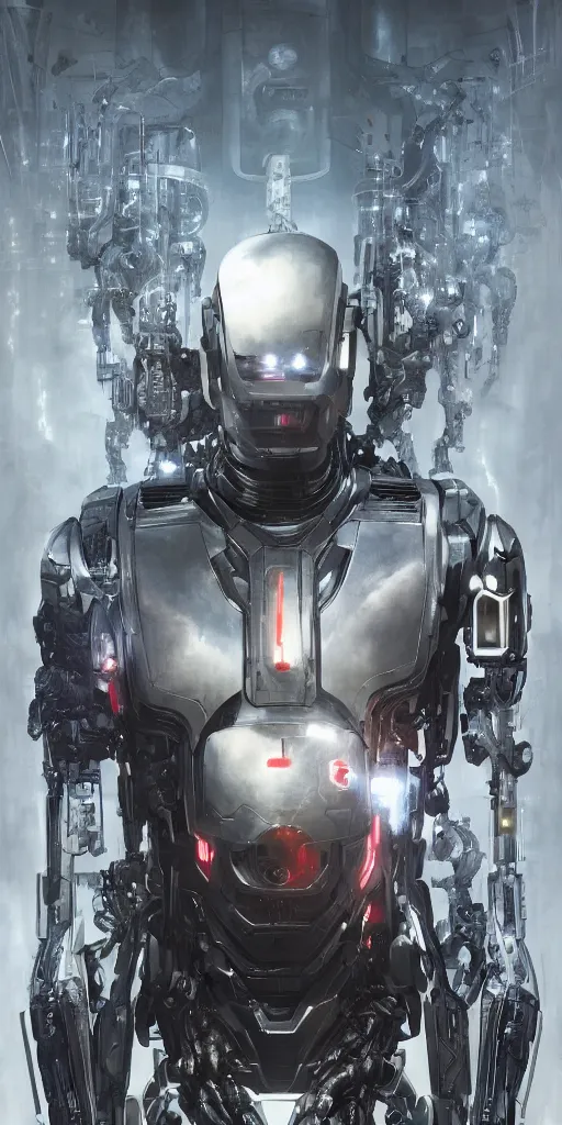 Image similar to cyborg, borg, android, strogg, face of a man, body of a robot, droid, robocop, cable, victor stone, ultron, terminator, machine, flesh, quake, doom demon, wolfenstein, monster, octane render, from an anime movie, symmetry, symmetrical, concept art by ruan jia and greg rutkowski