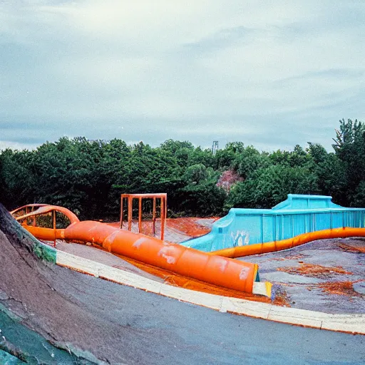 Prompt: a photo of an abandoned water park from the 1 9 9 0 s, disposable film