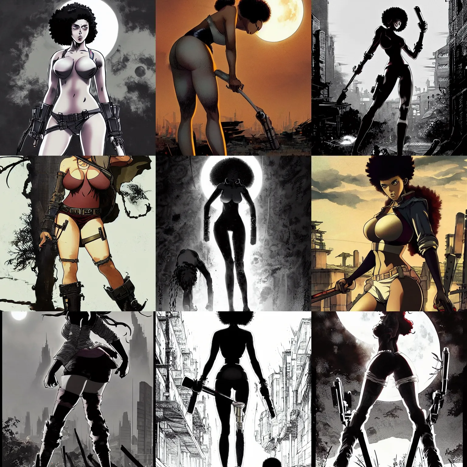 Prompt: thicc scarlett johansson afro samurai anime style, full body profile, dynamic wide angle lens, manga style, frank frazetta and greg rutkowski, pencil and ink, full moon lighting, fully clothed, hot pants, in a post apocalyptic city