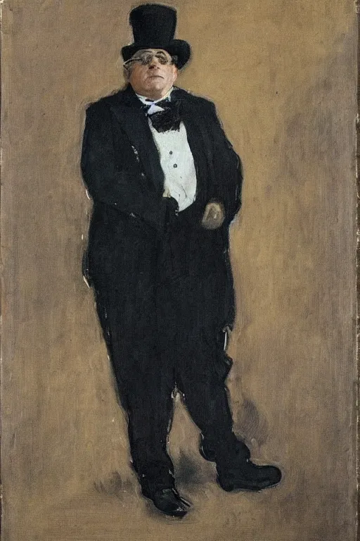 Prompt: portrait of a hulking herculean danny devito as a gentleman wearing an edwardian suit and top hat by walter sickert, john singer sargent, and william open